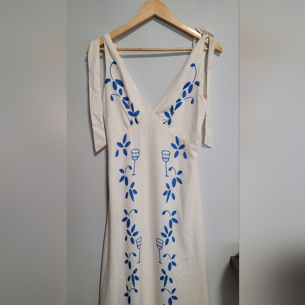 White Dress with Blue Leaf Pattern